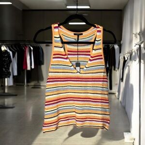 Bobi Black Orange Multicolor Crochet Knit Sleeveless V-Neck Tank Top Size M NWT